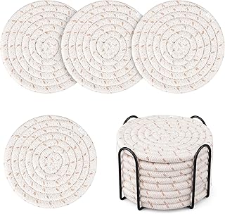 Cotton Woven Coasters with Holder - Absorbent Coasters Set of 8 for Table Protection, Home Decor, Glasses, Cups, Bar, Housewarming Gift