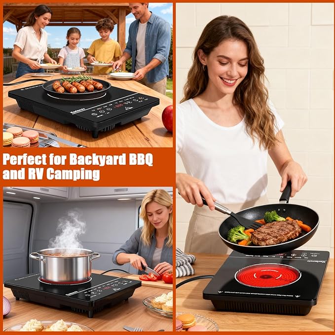 Portable Electric Cooktop 110V, 1800W Single Burner, Touch Control Electric Stove Top with 9 Power Levels, Plug in Cook top Safety Lock & Timer