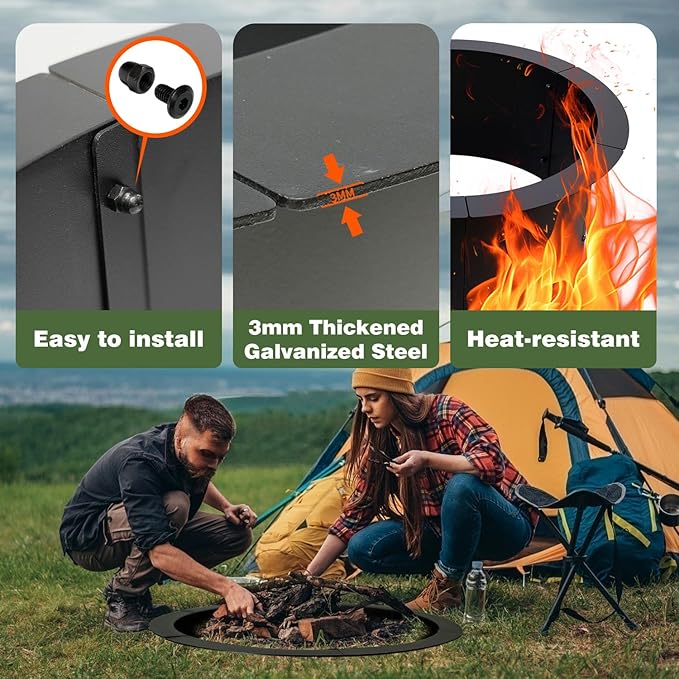Outdoor Fire Pit Ring 43.3-Inch Outer/39.3-Inch Inner, Fire Pit Insert Round Metal Steel Fire Rings for Outside Wood Burning Fire Pits-Above Or In-Ground, Patio Backyard Camping Bonfire