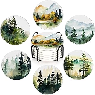 Table Coaster for Drinks Set of 6, Watercolor Misty Forest Round Ceramic Coasters,with Cork Base and Metal Holder,Great Housewarming Birthday Gifts,Home Decor