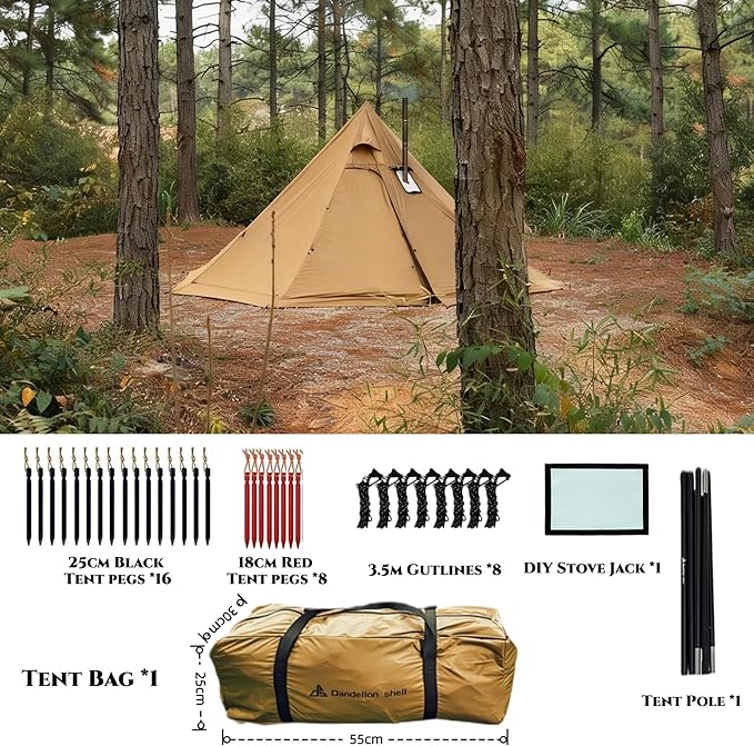 Hot Tent with Stove Jack – 4 Season Waterproof & Windproof Shelter for 1–4 People, Lightweight for Camping, Hiking, Hunting & Fishing