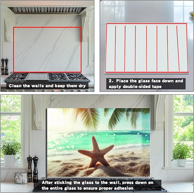 Evgosm tempered glass backsplash for stove, beach Stove Splashback, Glass Backsplash, Used for Kitchen Wall Protection and Decoration, Easy to Install and Clean. (30x16'')