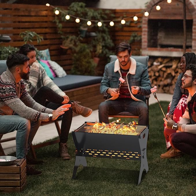 Camping Campfire Grill, 16"Lx12"D Portable Folding Charcoal Grills, Backpacking BBQ Grill with Carry Bag, Outdoor Fire pit for Camping, Picnic, Bonfire, Patio, Backyard