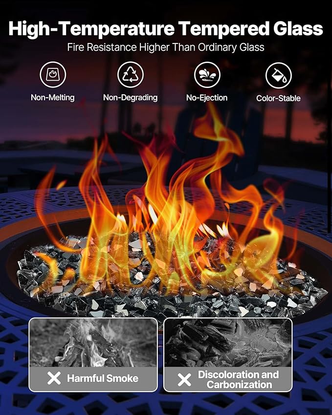 VEVOR Fire Glass, 20 lbs, Black, 1/2 Inch High-Temperature Resistant Fireplace Rocks, Reflective & Smokeless Fire Pit Glass for Outdoor Table, Landscaping