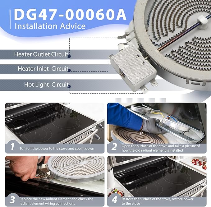 Upgraded DG47-00060A MEE62385001 Range Radiant Surface Element Compatible with Whirlpool Kenmore Electric Furnace Oven Replaces DG47-00023A AP5967643 PS11720669 Range Single Radiant Burner
