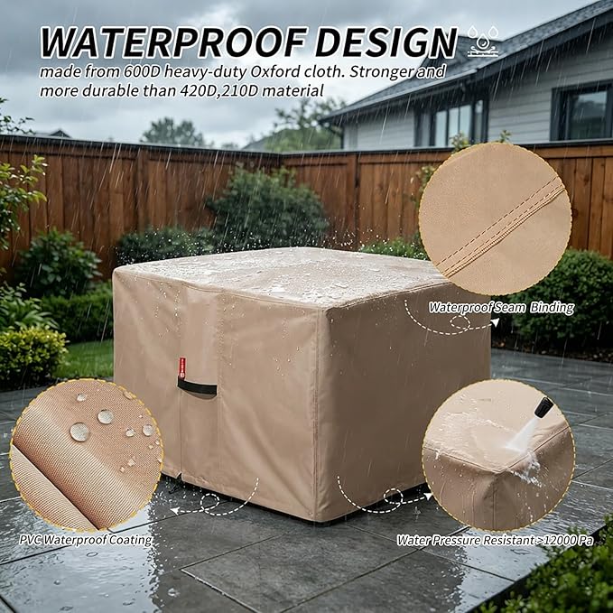 [2026 Upgraded]SheeChung Fire Pit Cover Square 28"L x 28"W x 25"H,Heavy Duty 600D Waterproof Outdoor Firepit Cover,Fit for 24/26/28 Inch Propane Firepit Table,Gas Fire Pit Table Covers with Drawstring