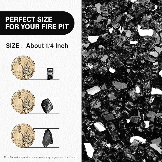 NUPICK 20 Pound Fire Glass, 1/4 Inch Reflective Fire Pit Glass, Tempered Firepit Glass Rock for Propane or Natural Gas, Glass Rocks for Fire Pit Table, Fireplace Glass for Landscaping, Black