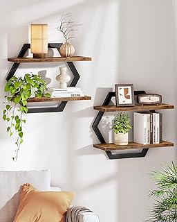 CHOEZON Hexagon Floating Shelves for Wall, Set of 2, 2 -Tier Hanging Shelves, Wall Mounted Storage Shelves, for Living Room, Bedroom, Kitchen, Home Office, Study, Rustic Brown and Black TBJ06P2BF