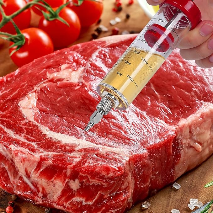 Turkey Injector Syringe - 3 Marinade Injector Needles, Meat Injector Syringe 1OZ, Portable Meat Injector Kit with Black BBQ Brush & Cleaning Brush for Smoked BBQ Grill, Food Syringe with 5-Hole Needle