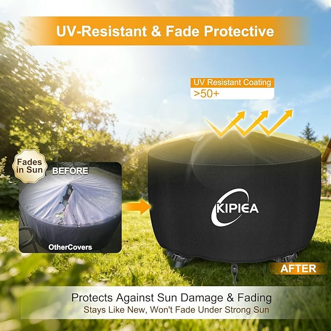 Kipiea Round Fire Pit Cover - 100% Waterproof Upgraded 600D Strong Tear Resistant Firepit Cover, UPF 50+ Outdoor Fire Pit Cover Fading Resistant, 40" Dia X 24" H
