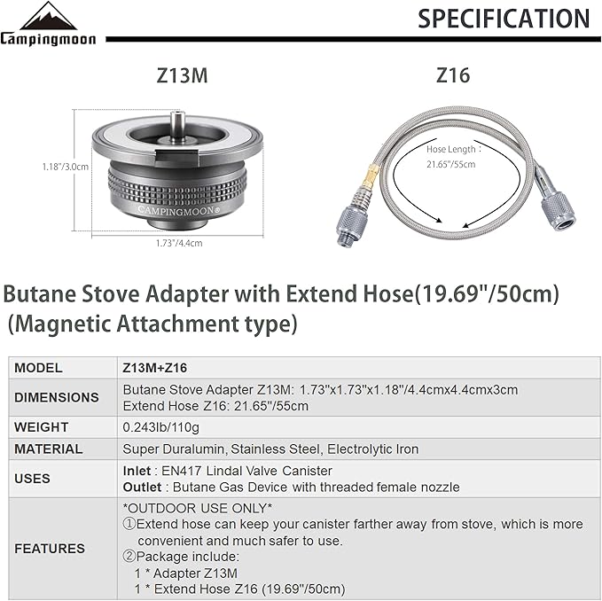 camping moon Camping Gas Stove Adapter, Input: EN417 Lindal Valve Canister, Output: Butane Gas Stove Z13M