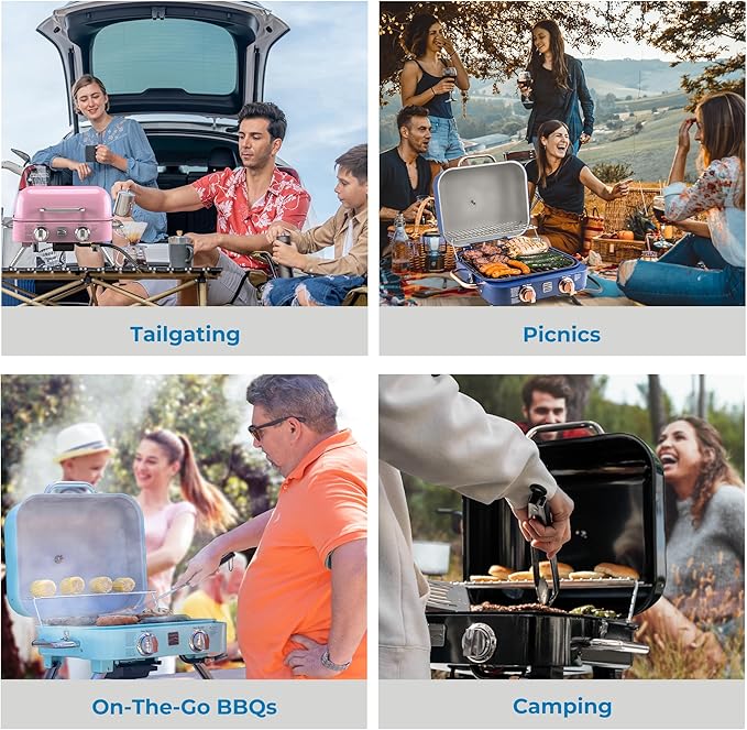 Kenmore Portable Propane Gas Grill - Tabletop BBQ Grill with Warming Rack, 2 Stainless Steel Burners with 14,000 BTUs, for Outdoor Kitchen, Camping, Navy & Copper