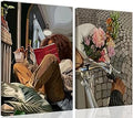 Modern African American Women Wall Art Set of 2,Cozy Reading & Bike Ride with Flowers Painting Canvas Prints,black woman Vintage Aesthetic Poster for Living Room, Bedroom, Office， Framed 12X16in