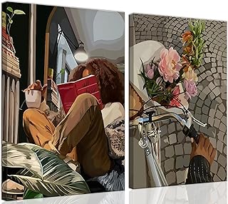 Modern African American Women Wall Art Set of 2,Cozy Reading & Bike Ride with Flowers Painting Canvas Prints,black woman Vintage Aesthetic Poster for Living Room, Bedroom, Office， Framed 12X16in