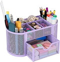 EasyPAG Mesh Pen Holder Desk Organizer with Drawer Stationery Supplies Organizer for Dorm School 9 Compartments Workspace Desk Accessories Organization for Office (Light Purple)