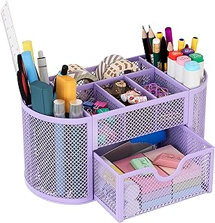 EasyPAG Mesh Pen Holder Desk Organizer with Drawer Stationery Supplies Organizer for Dorm School 9 Compartments Workspace Desk Accessories Organization for Office (Light Purple)