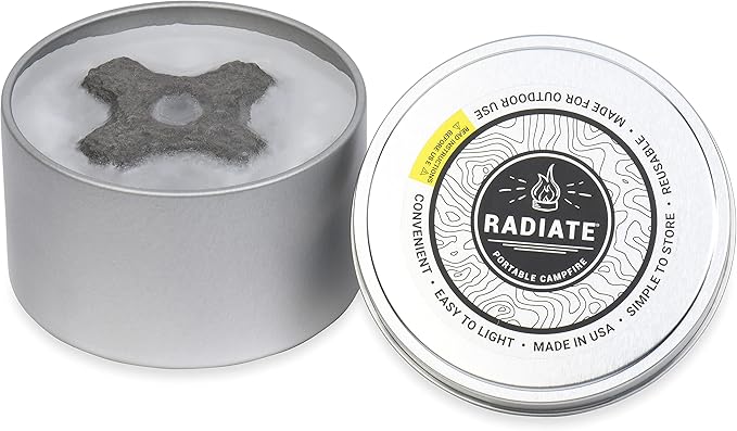 Radiate 2-Pack Portable Tabletop Firepit Campfire in a Can - 4" White Modern - 2 Hours Warmth & Burn Time - Soy Wax Portable Fire - Lightweight Camping Fire & Safe Tabletop Firepit