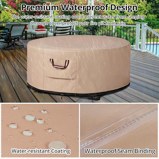 QH.HOME Fire Pit Cover Round-41-44 Inch Heavy Duty 900D Strong Tear-Resistant and UV Resistant and Waterproof and Fading Resistant Material Polyester Firepit Covers Round for Outdoor Fire Pit-Wheat
