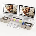 39 Inch Dual Monitor Stand Riser with 2 Drawers - Large White Wooden Computer Stand for 2 Monitors, Ergonomic Desk Organizer with Phone Holder, Desktop Storage for Laptop, Office Supplies, Home Office