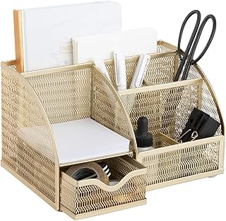 BLU MONACO | Gold Desk Organizer with Drawer | Metal Desktop Caddy with Six Compartments for Office Supplies | Stylish Desk Organizers and Accessories for Home or Office