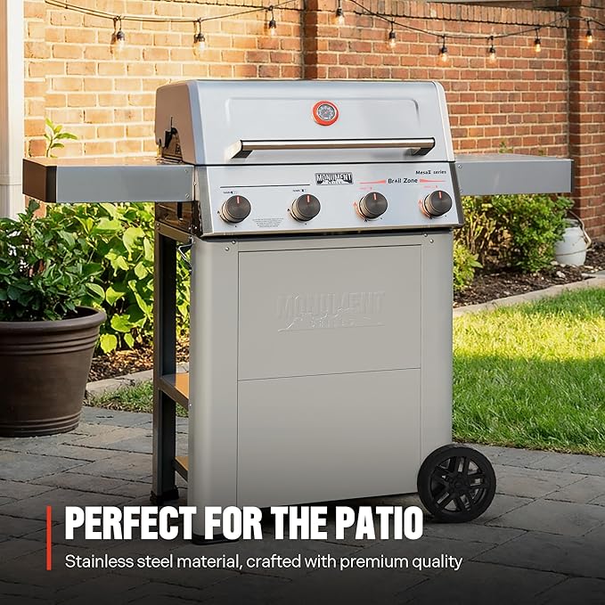 Monument Grills 4 Burner Propane Gas Grill with Broil Zone, Stainless Steel Patio Mesa 2 Barbecue Grill with Cooking Plate, Foldable Side Shelves, Fast Heating, Assembles in 30 Mins, Mesa II 410FBZ