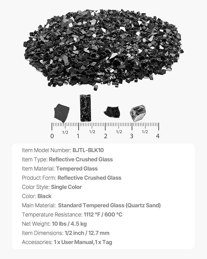 VEVOR Fire Glass, 10 lbs, Black, 1/2 Inch High-Temperature Resistant Fireplace Rocks, Reflective & Smokeless Fire Pit Glass for Outdoor Table, Landscaping