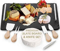 Slate Cheese Board Set w/Easy Carry Handles (14” x 10”, Black) Natural Stone Slate Tray for Appetizer Serving; Full Deluxe Cheeseboard Platter w/ 3 Knives, 1 Fork & 2 Soapstone Chalks by Yes4Quality