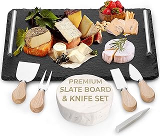 Slate Cheese Board Set w/Easy Carry Handles (14” x 10”, Black) Natural Stone Slate Tray for Appetizer Serving; Full Deluxe Cheeseboard Platter w/ 3 Knives, 1 Fork & 2 Soapstone Chalks by Yes4Quality