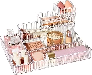 Vtopmart 7 PCS Clear Drawer Organizers Bins, 4-Size Stackable Makeup and Vanity Drawer Organizer Trays, Acrylic Bathroom Drawer Storage Containers for Cosmetic, Office Supply, Kitchen Utensils Gadgets