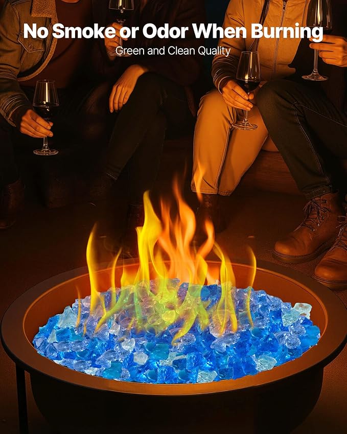 VEVOR Fire Glass, 10 lbs, Aqua Blue + Caribbean Blue + Aqua Green, 3/4 Inch High-Temperature Resistant Reflective Glass Rocks, Smokeless Fire Pit Stones for Outdoor Table & Landscaping