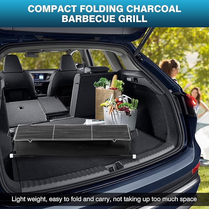 IRONWALLS Portable Charcoal Grills Outdoor Cooking, Rectangular Folded Barbecue Grill 32”, Stainless Steel Lamb Skewer Grill with 25pcs Kebab Skewer & Storage Shelf for Camping, Picnic, Commercial Use