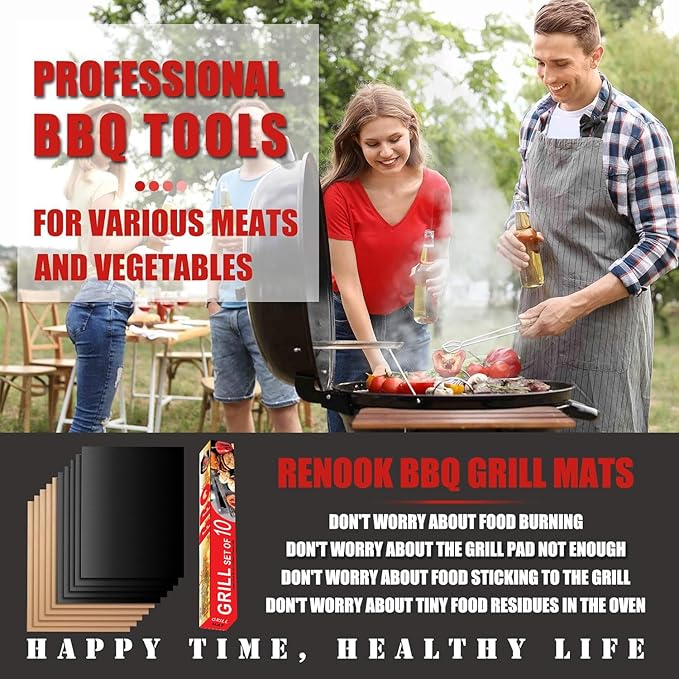 RENOOK Grill Mats for Outdoor Grill, Set of 10 （5 Black+5 Copper）Grill Mat for Gas Grill, Non-Stick BBQ Sheets for Grilling, 15.75 X 13 Inch
