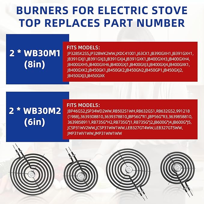 WB30M1 WB30M2 Electric Stove Burners Replacement Fit for G-E Stove Burner Replacement Kit-Fit for G-E Hot-point Stove Top Element Burner-2 WB30M1(6") & 2 WB30M2(8") Stove Burner Kit by AMI PARTS