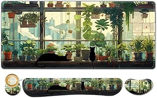 ToLuLu Extended Gaming Mouse Pad, Memory Foam Ergonomic Keyboard Mouse Wrist Rest Support Set, Large Desk Mat with Stitched Edges, Non-Slip Base Mousepad Home Office, Cute Green Japanese Kawaii Cat