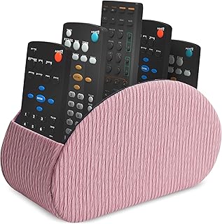 Remote Control Holder, PU Leather Remote Caddy Desktop Organizer with 5 Spacious Compartments for TV Remotes/Media Controllers/Office Supplies (1-Wood Pink