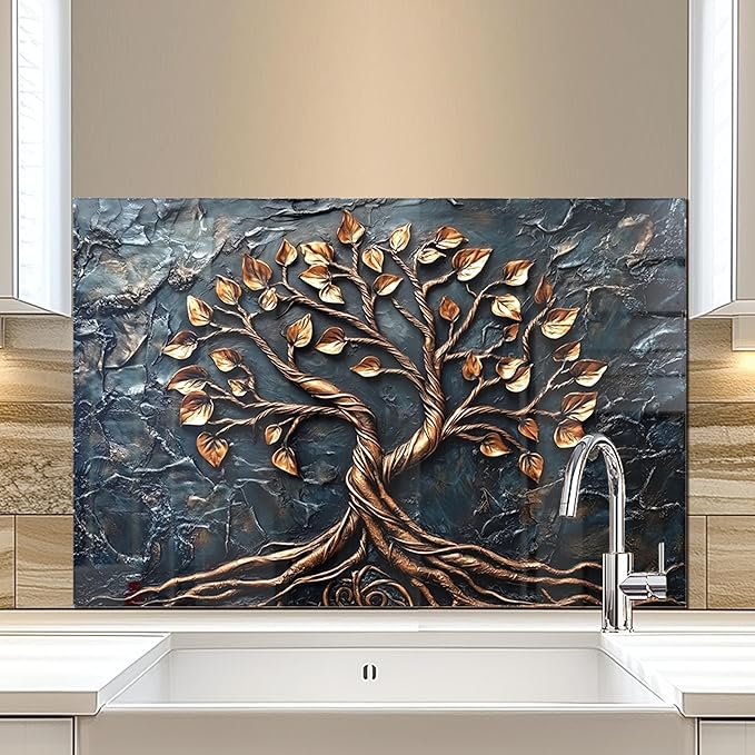 fzxwyishu Tree of Life,Tempered Glass Backsplash For Kitchen Behind Stove,Easy to Clean Kitchen Sink Cover Splash Guard, Home Kitchen Décor (grey, 30"x14"(76.2x35.56cm))