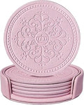 Coasters Set of 6 - PU Leather Coasters for Drinks with Holder - Pink
