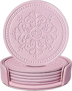 Coasters Set of 6 - PU Leather Coasters for Drinks with Holder - Pink