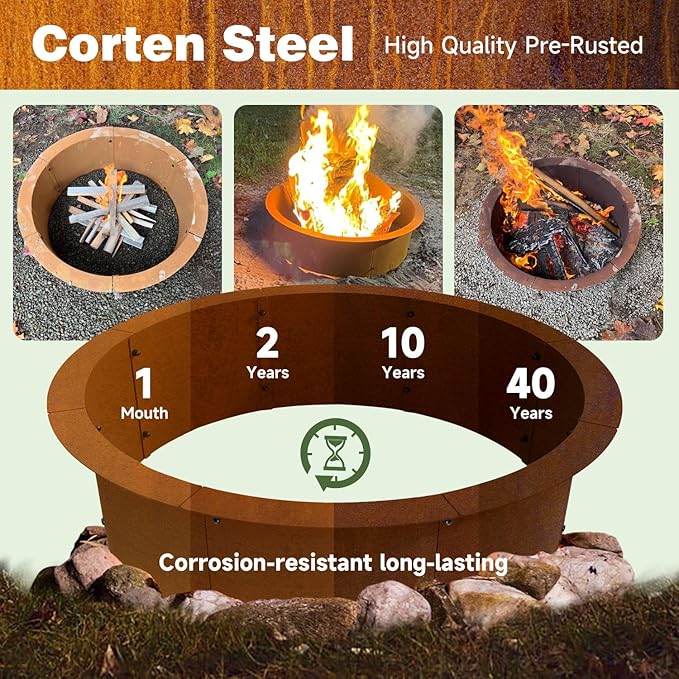 Fire Pit Ring Outdoor Wood Burning Fire Pit Liner 35.4 Inch Camping Fire Ring Corten Steel Firepit Ring Heavy Duty Campfire Ring Above or In-Ground for Bonfire Outdoor Backyard