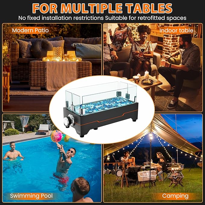 GRISUN Tabletop Fire Pit,15 Inch Propane Fire Pit Table,30000 BTU Table Top Firepit with Glass Wind Guard,Stainless Steel Burner,Fire Glass,Portable Propane fire Pit for Patio, Camping, Backyard & RV