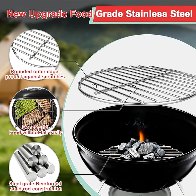 Round Cooking Grate & Charcoal Grate Kit for Weber 14 Inch Smokey Joe, Smokey Joe Gold/Silver and Tuck-N-Carry Grills, 304 Stainless Steel Grill Grates Replacement Parts for Weber 7431 7439