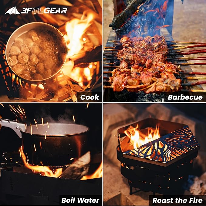 Fire Pit, Halo Fire Place Outdoor Portable Wood Fire Pits Includes A Grill, A Bag, Hexagonal Fireplace for Patio Camping Gift (Hot-Rolled Steel Firepit with a Grill, Medium)