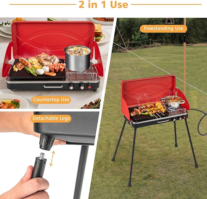 2-Burner Gas Camping Stove, Portable BBQ Grill with Detachable Legs, Roast Grill & 3-Sided Wind Screen, 22,000 Total BTUs of Power, Outdoor Propane Burner Grill Stove for Picnic (Red)