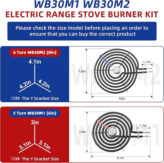 WB30M1 WB30M2 Electric Stove Burners Replacement Fit for G-E Stove Burner Replacement Kit-Fit for G-E Hot-point Stove Top Element Burner-2 WB30M1(6") & 2 WB30M2(8") Stove Burner Kit by AMI PARTS