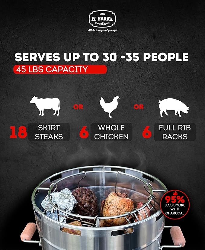 El Barril Lite Large Barrel Smoker Grill, Stainless Steel 430, 45 lb Capacity, 14 Meat Hooks, Upper Grill and Handler, Outdoor Vertical Charcoal BBQ (Lite 45LBS Large)