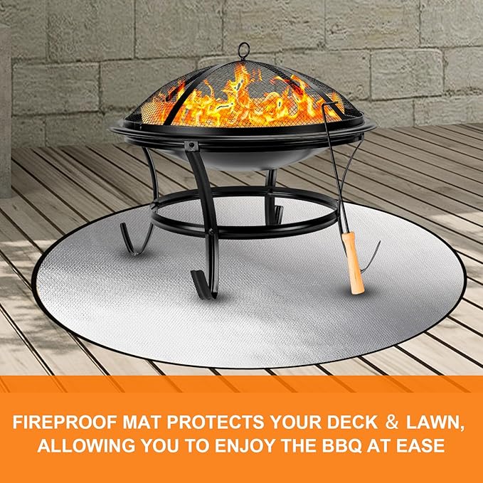 DocSafe 38" Round Fire Pit Mat for Solo Stove Bonfire,4-Layer Double-Sided Fireproof Heat Insulated Under Grill Mat Protector for Deck,Patio,BBQ,Oil-Proof and Reusable and Waterproof,Black＆Silver