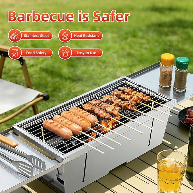 Portable Charcoal Grill, Uten Stainless Steel Foldable Barbecue with Carry Bag & Side Tables, Lightweight for Camping, Tailgating, Beach, Picnic (19.1" x 8.7")