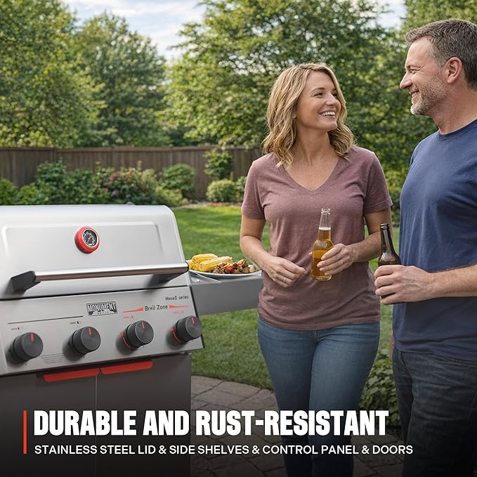 Monument Grills 4 Burner Stainless Steel Propane Mesa 2 Gas Grill, 500°F in 5 Mins, 525 sq.in, 37,000 BTU, Broil Zone, Foldable Side Shelves, Knob Controls, Built in Thermometer, with Grill Cover