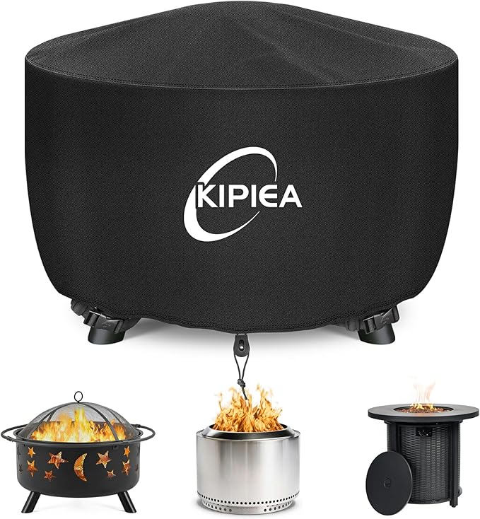 Kipiea Round Fire Pit Cover - 100% Waterproof Upgraded 600D Strong Tear Resistant Firepit Cover, UPF 50+ Outdoor Fire Pit Cover Fading Resistant, 44" Dia X 24" H