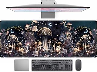 Teng DA Qing Cute Dark Mushroom Moon Night Mouse Pad XL Extended Gaming Mat with Stitched Edges, Computer Laptop Keyboard and Mouse Mat for Women Office Desk Decor, 31.5x11.8 in